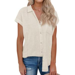 imagesiliteelon Linen Shirts for Women Button Down Shirts Short Sleeve Cotton Collared V Neck Solid Casual Blouses with PocketBeige