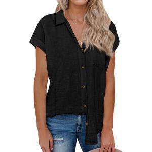 imagesiliteelon Linen Shirts for Women Button Down Shirts Short Sleeve Cotton Collared V Neck Solid Casual Blouses with PocketBlack