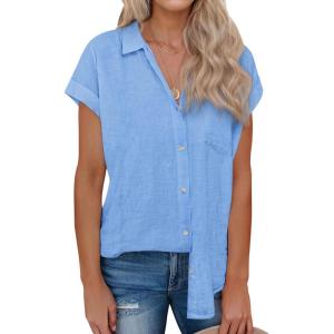 imagesiliteelon Linen Shirts for Women Button Down Shirts Short Sleeve Cotton Collared V Neck Solid Casual Blouses with PocketBlue