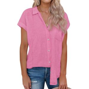 imagesiliteelon Linen Shirts for Women Button Down Shirts Short Sleeve Cotton Collared V Neck Solid Casual Blouses with PocketBlush Pink
