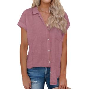 imagesiliteelon Linen Shirts for Women Button Down Shirts Short Sleeve Cotton Collared V Neck Solid Casual Blouses with PocketDark Pink