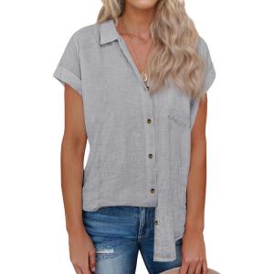 imagesiliteelon Linen Shirts for Women Button Down Shirts Short Sleeve Cotton Collared V Neck Solid Casual Blouses with PocketGray