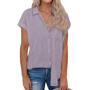 imagesiliteelon Linen Shirts for Women Button Down Shirts Short Sleeve Cotton Collared V Neck Solid Casual Blouses with PocketGrayish Purple