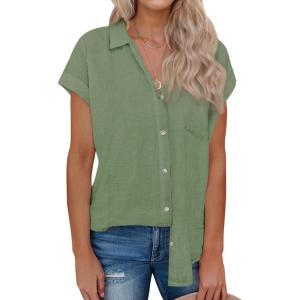 imagesiliteelon Linen Shirts for Women Button Down Shirts Short Sleeve Cotton Collared V Neck Solid Casual Blouses with PocketGreen