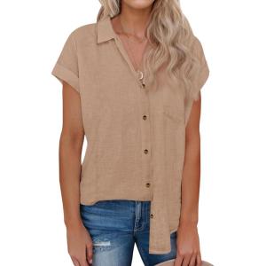 imagesiliteelon Linen Shirts for Women Button Down Shirts Short Sleeve Cotton Collared V Neck Solid Casual Blouses with PocketKhaki
