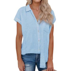 imagesiliteelon Linen Shirts for Women Button Down Shirts Short Sleeve Cotton Collared V Neck Solid Casual Blouses with PocketLight Blue