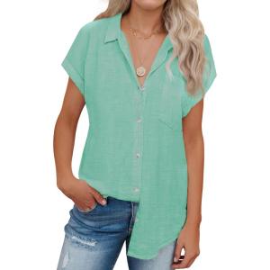 imagesiliteelon Linen Shirts for Women Button Down Shirts Short Sleeve Cotton Collared V Neck Solid Casual Blouses with PocketLight Green