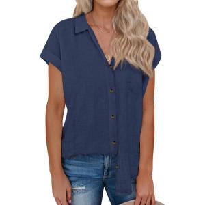 imagesiliteelon Linen Shirts for Women Button Down Shirts Short Sleeve Cotton Collared V Neck Solid Casual Blouses with PocketNavy Blue