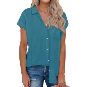 imagesiliteelon Linen Shirts for Women Button Down Shirts Short Sleeve Cotton Collared V Neck Solid Casual Blouses with PocketPeacock Blue
