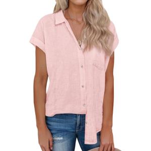 imagesiliteelon Linen Shirts for Women Button Down Shirts Short Sleeve Cotton Collared V Neck Solid Casual Blouses with PocketPink