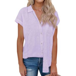 imagesiliteelon Linen Shirts for Women Button Down Shirts Short Sleeve Cotton Collared V Neck Solid Casual Blouses with PocketPurple