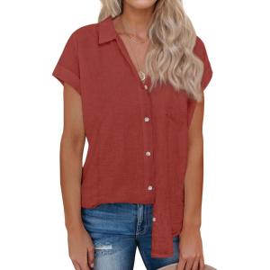 imagesiliteelon Linen Shirts for Women Button Down Shirts Short Sleeve Cotton Collared V Neck Solid Casual Blouses with PocketRed