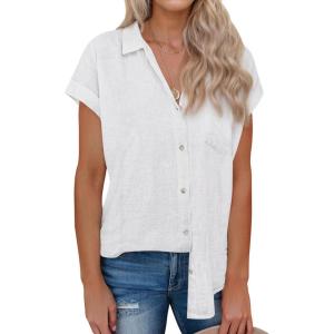 imagesiliteelon Linen Shirts for Women Button Down Shirts Short Sleeve Cotton Collared V Neck Solid Casual Blouses with PocketWhite