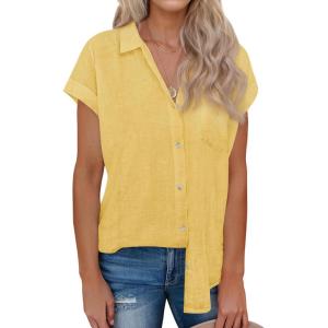 imagesiliteelon Linen Shirts for Women Button Down Shirts Short Sleeve Cotton Collared V Neck Solid Casual Blouses with PocketYellow