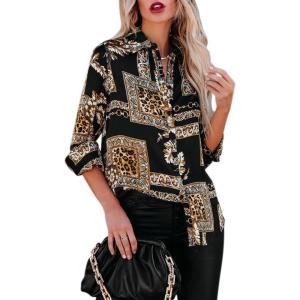 imagesiliteelon Womens Button Down Shirts Dress Shirts Long Sleeve Wrinkle Free Collared Work Blouses Casual Print Chiffon TopA Black Leopard