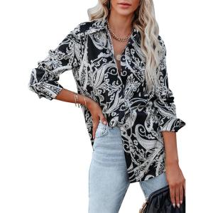 imagesiliteelon Womens Button Down Shirts Dress Shirts Long Sleeve Wrinkle Free Collared Work Blouses Casual Print Chiffon TopA Black White Floral