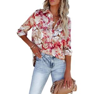 imagesiliteelon Womens Button Down Shirts Dress Shirts Long Sleeve Wrinkle Free Collared Work Blouses Casual Print Chiffon TopA Pink Graphic