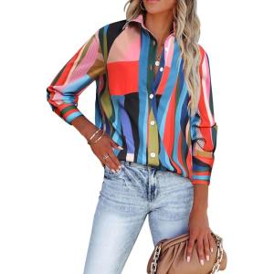 imagesiliteelon Womens Button Down Shirts Dress Shirts Long Sleeve Wrinkle Free Collared Work Blouses Casual Print Chiffon TopAb Green Mix Striped
