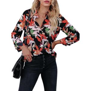 imagesiliteelon Womens Button Down Shirts Dress Shirts Long Sleeve Wrinkle Free Collared Work Blouses Casual Print Chiffon TopBlack Orange Leaf