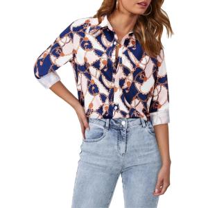 imagesiliteelon Womens Button Down Shirts Dress Shirts Long Sleeve Wrinkle Free Collared Work Blouses Casual Print Chiffon TopBlue Graphic