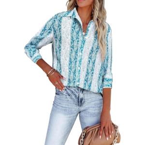imagesiliteelon Womens Button Down Shirts Dress Shirts Long Sleeve Wrinkle Free Collared Work Blouses Casual Print Chiffon TopBlue Paisley