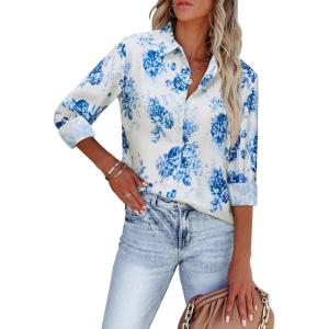 imagesiliteelon Womens Button Down Shirts Dress Shirts Long Sleeve Wrinkle Free Collared Work Blouses Casual Print Chiffon TopBlue White