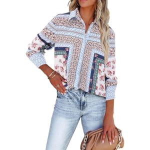 imagesiliteelon Womens Button Down Shirts Dress Shirts Long Sleeve Wrinkle Free Collared Work Blouses Casual Print Chiffon TopGreen White Floral
