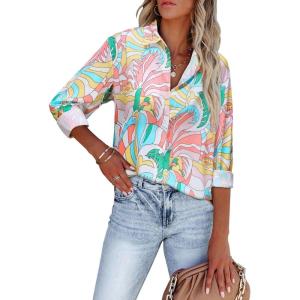 imagesiliteelon Womens Button Down Shirts Dress Shirts Long Sleeve Wrinkle Free Collared Work Blouses Casual Print Chiffon TopMulticolored Graphic