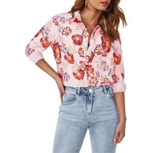 imagesiliteelon Womens Button Down Shirts Dress Shirts Long Sleeve Wrinkle Free Collared Work Blouses Casual Print Chiffon TopOrange Pink Floral