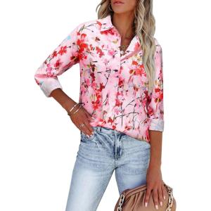 imagesiliteelon Womens Button Down Shirts Dress Shirts Long Sleeve Wrinkle Free Collared Work Blouses Casual Print Chiffon TopPink Flower
