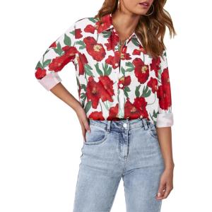 imagesiliteelon Womens Button Down Shirts Dress Shirts Long Sleeve Wrinkle Free Collared Work Blouses Casual Print Chiffon TopRed Flower