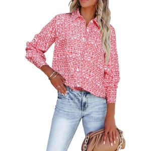 imagesiliteelon Womens Button Down Shirts Dress Shirts Long Sleeve Wrinkle Free Collared Work Blouses Casual Print Chiffon TopRed Graphic