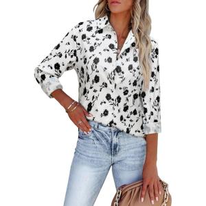 imagesiliteelon Womens Button Down Shirts Dress Shirts Long Sleeve Wrinkle Free Collared Work Blouses Casual Print Chiffon TopWhite Black Floral
