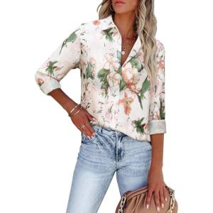 imagesiliteelon Womens Button Down Shirts Dress Shirts Long Sleeve Wrinkle Free Collared Work Blouses Casual Print Chiffon TopWhite Green Floral