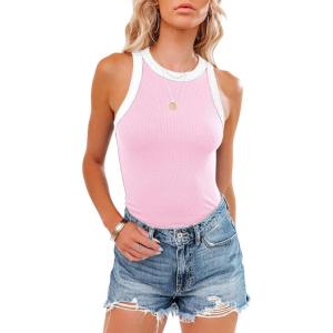 imagesiliteelon Womens Colorblock Racerback Crew Neck Casual Basic Ribbed Fitted Tank Top Sleeveless CamisI Light Pink
