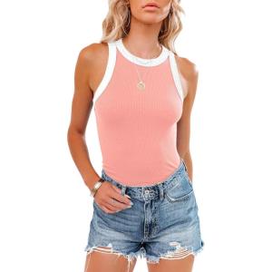 imagesiliteelon Womens Colorblock Racerback Crew Neck Casual Basic Ribbed Fitted Tank Top Sleeveless CamisR Peach