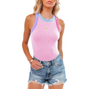 imagesiliteelon Womens Colorblock Racerback Crew Neck Casual Basic Ribbed Fitted Tank Top Sleeveless CamisW Pink Colorblock