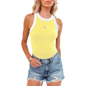imagesiliteelon Womens Colorblock Racerback Crew Neck Casual Basic Ribbed Fitted Tank Top Sleeveless CamisZ Yellow