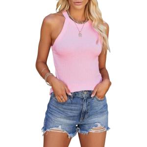 imagesiliteelon Womens Halter Top Sleeveless Crew Neck Casual Basic Ribbed Fitted TankD Pink