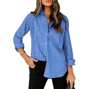 imagesiliteelon Womens Button Down Shirts Cotton Striped Dress Shirt Long Sleeve Collared Office Work Blouses TopsAa Blue Striped