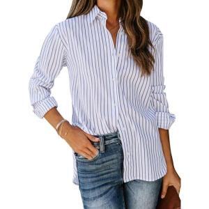imagesiliteelon Womens Button Down Shirts Cotton Striped Dress Shirt Long Sleeve Collared Office Work Blouses TopsAd Blue and White