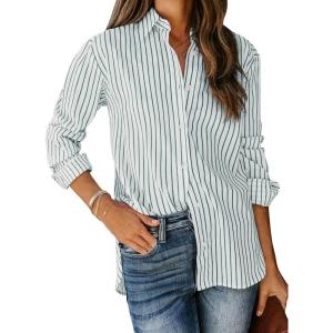 imagesiliteelon Womens Button Down Shirts Cotton Striped Dress Shirt Long Sleeve Collared Office Work Blouses TopsAh Green and White