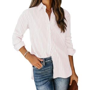 imagesiliteelon Womens Button Down Shirts Cotton Striped Dress Shirt Long Sleeve Collared Office Work Blouses TopsLight Pink and White