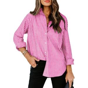 imagesiliteelon Womens Button Down Shirts Cotton Striped Dress Shirt Long Sleeve Collared Office Work Blouses TopsPink Striped