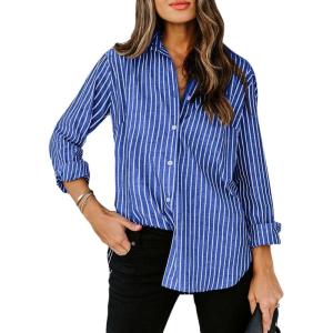 imagesiliteelon Womens Button Down Shirts Cotton Striped Dress Shirt Long Sleeve Collared Office Work Blouses TopsPurple Striped