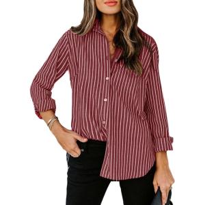 imagesiliteelon Womens Button Down Shirts Cotton Striped Dress Shirt Long Sleeve Collared Office Work Blouses TopsRed Striped