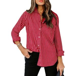 imagesiliteelon Womens Button Down Shirts Cotton Striped Dress Shirt Long Sleeve Collared Office Work Blouses TopsVivid Red Striped