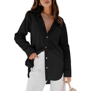 imagesiliteelon Womens Button Down Shirts Dress Shirts Long Sleeve Blouses V Neck Solid Casual Tunics Tops with PocketsA Black