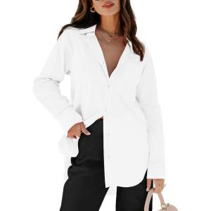 imagesiliteelon Womens Button Down Shirts Dress Shirts Long Sleeve Blouses V Neck Solid Casual Tunics Tops with PocketsAll White