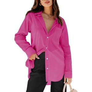 imagesiliteelon Womens Button Down Shirts Dress Shirts Long Sleeve Blouses V Neck Solid Casual Tunics Tops with PocketsBe Hot Pink